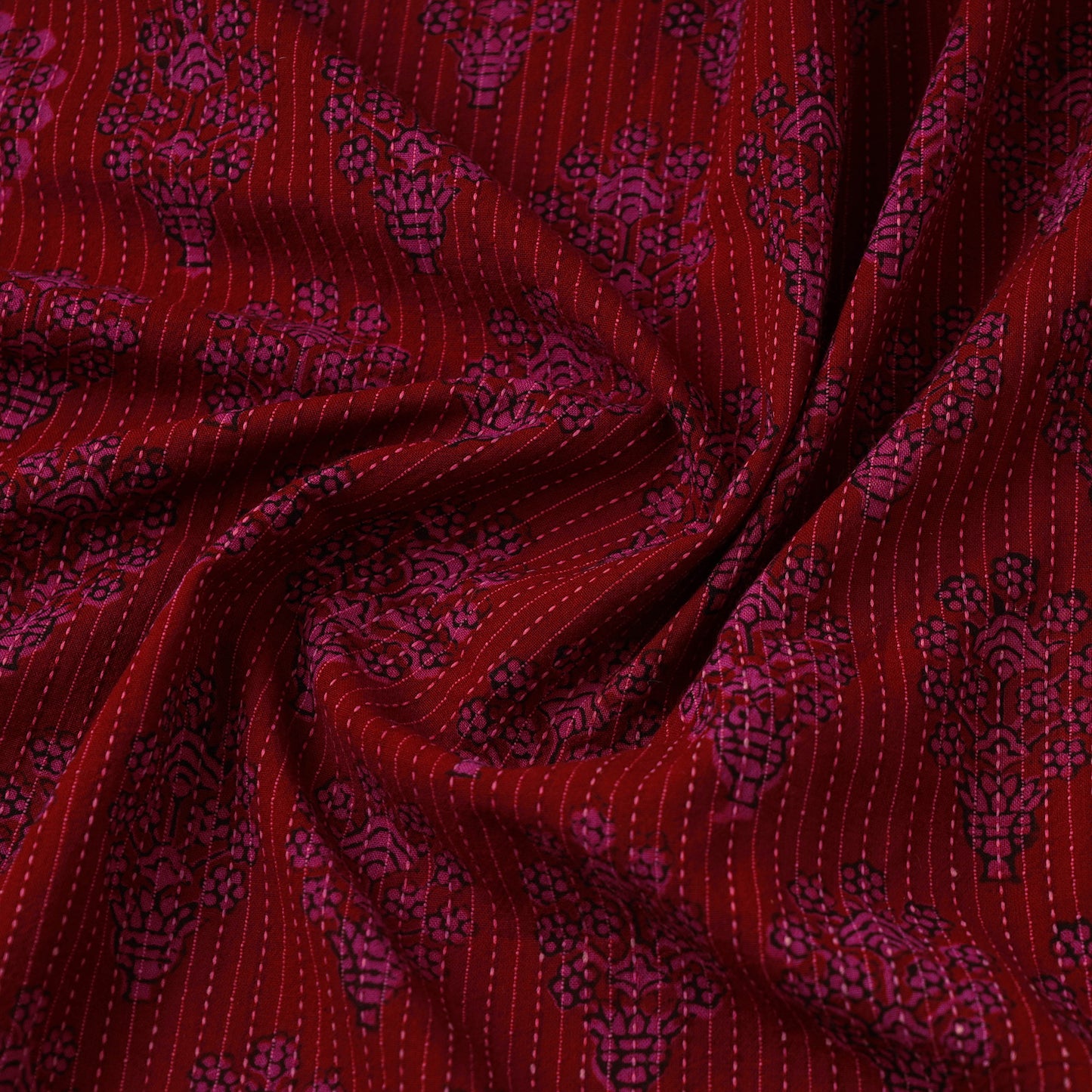 Maroon Bagh Block Print Kantha Work Natural Dyed Cotton Fabric