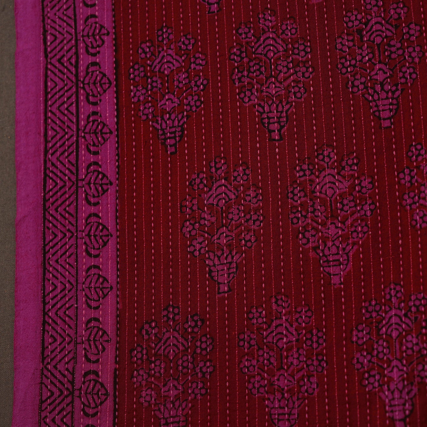 Maroon Bagh Block Print Kantha Work Natural Dyed Cotton Fabric