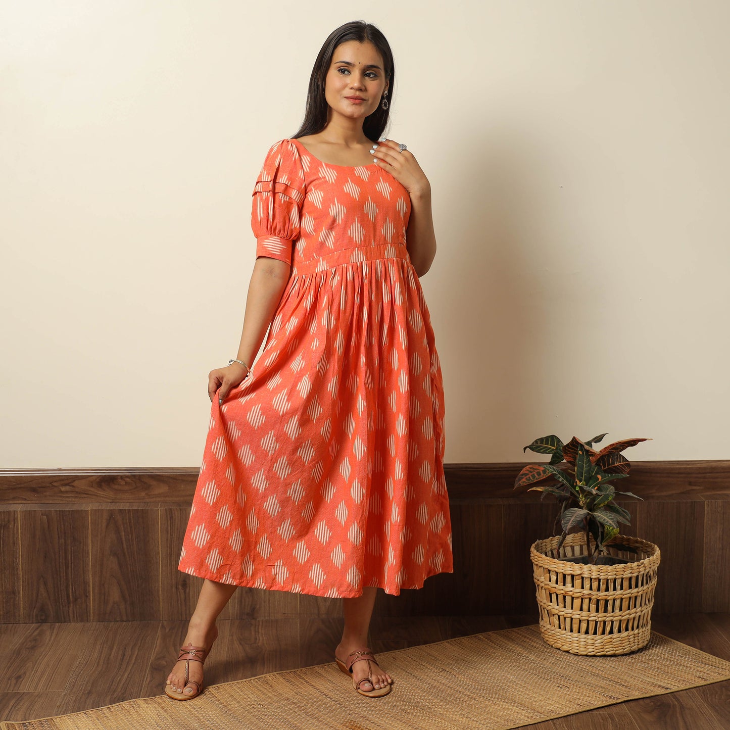 Orange - Pochampally Ikat Weave Cotton Flared Dress 12