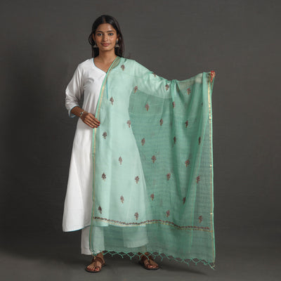 Green - Kota Doria Silk Cotton Kashida Embroidery Dupatta 56