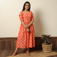 Orange - Pochampally Ikat Weave Cotton Flared Dress 12