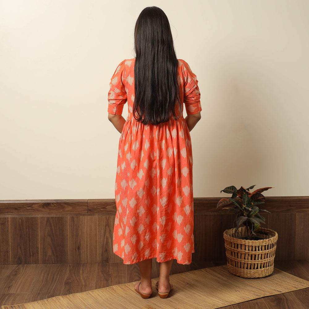 Orange - Pochampally Ikat Weave Cotton Flared Dress 12