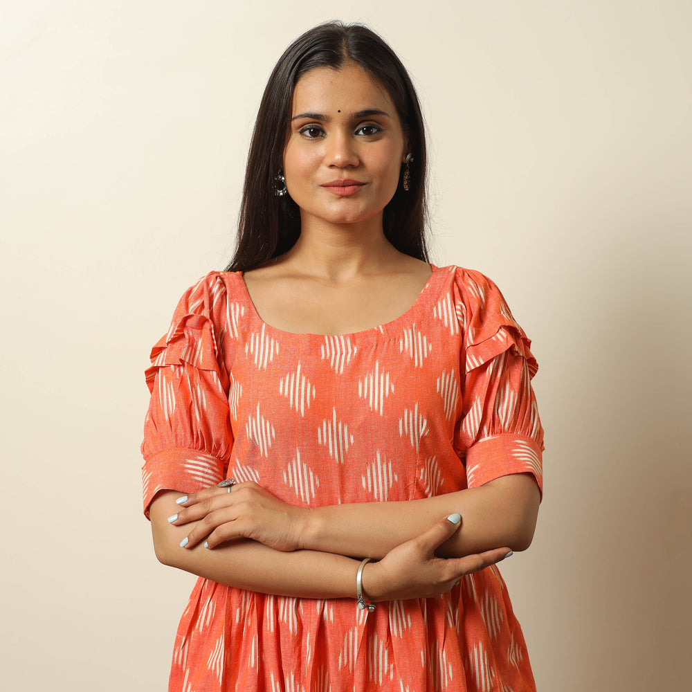 Orange - Pochampally Ikat Weave Cotton Flared Dress 12