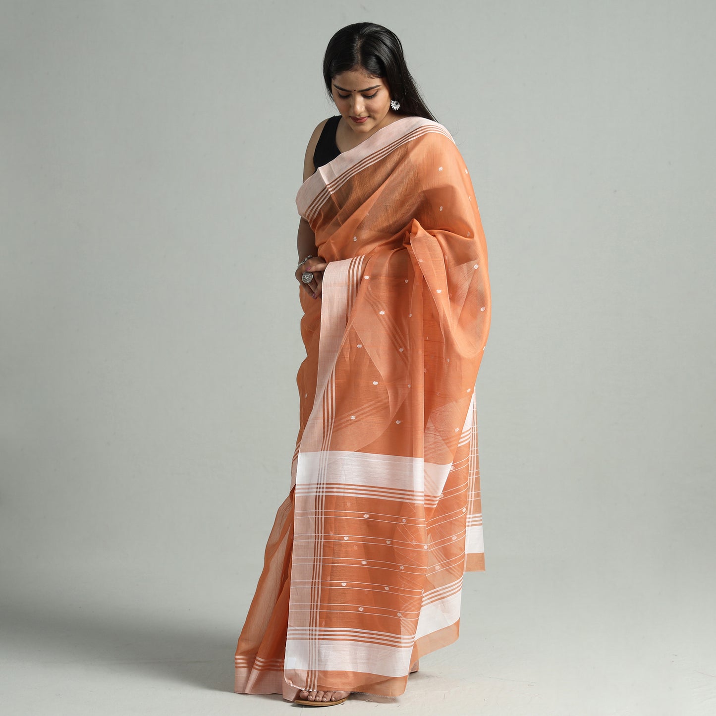 Orange - Traditional Chanderi Silk Cotton Handloom Buti Saree 08
