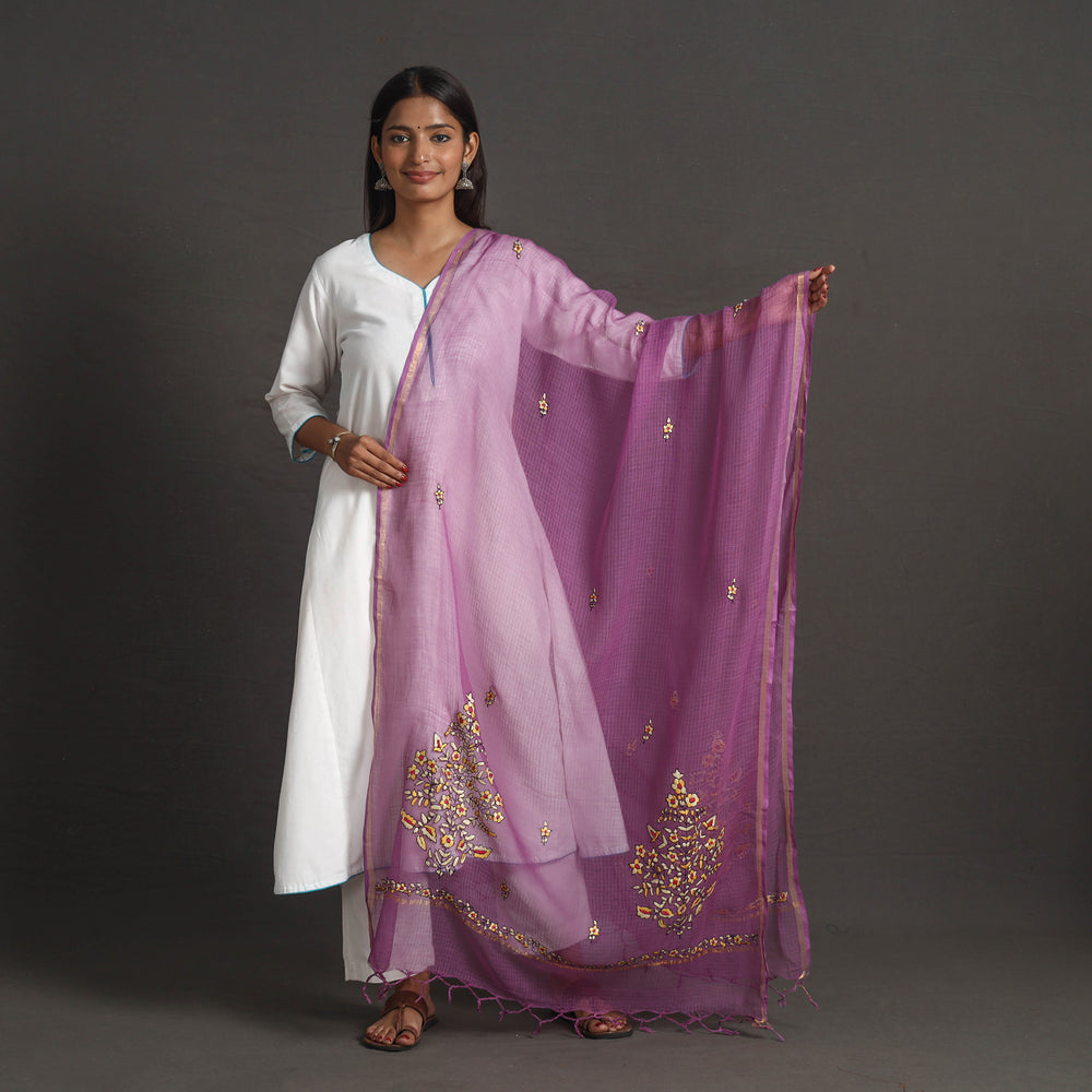 Purple - Kota Doria Silk Cotton Kashida Embroidery Dupatta 57