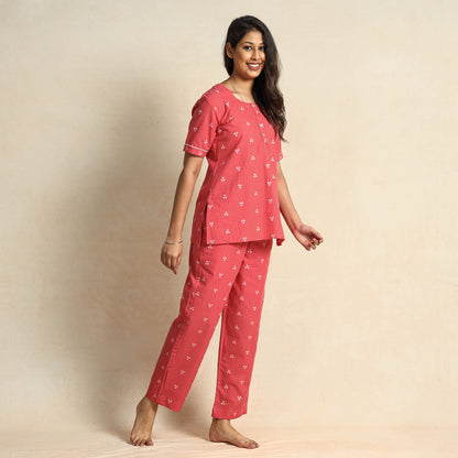 Pink Jacquard Cotton Top & Pyjama Night Suit Set