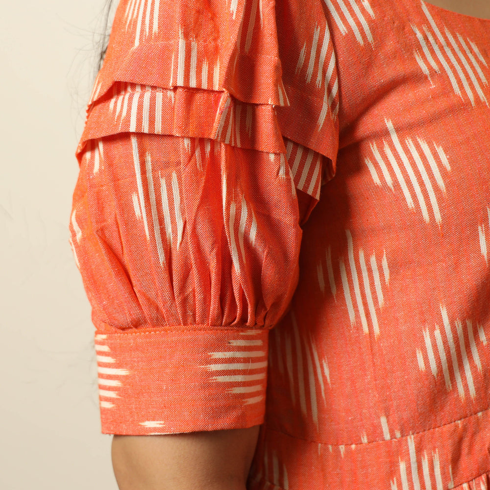 Orange - Pochampally Ikat Weave Cotton Flared Dress 12