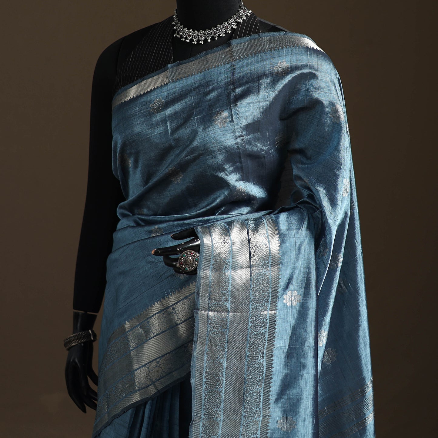 Blue - Pure Handwoven Mangalagiri Silk Cotton Pattu Saree with Zari Border 04