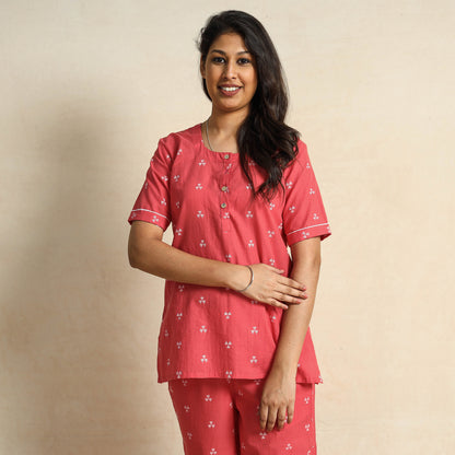 Pink Jacquard Cotton Top & Pyjama Night Suit Set