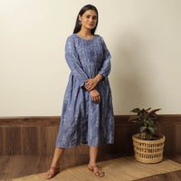 Blue - Pochampally Ikat Weave Cotton Pintuck Flared Dress 04