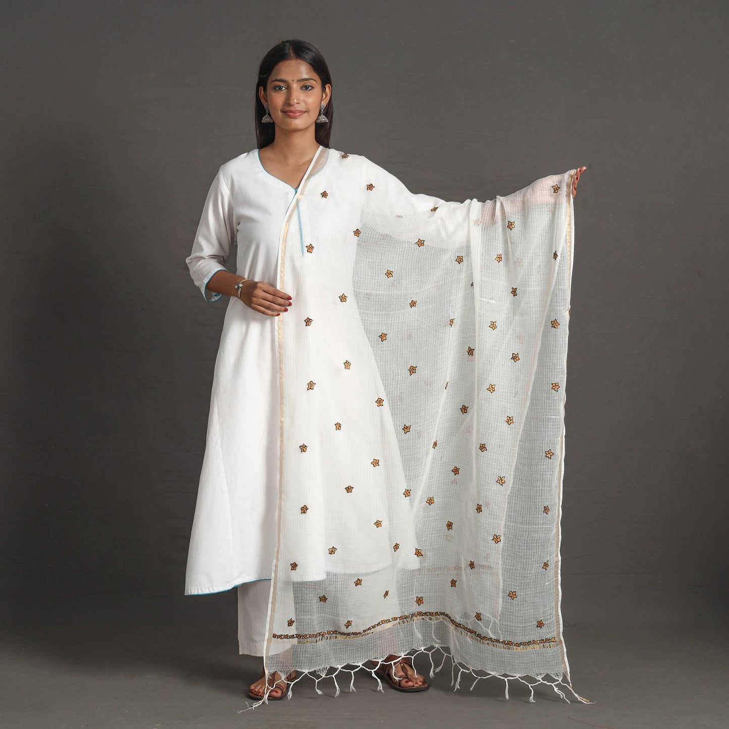 White - Kota Doria Silk Cotton Kashida Embroidery Dupatta 58