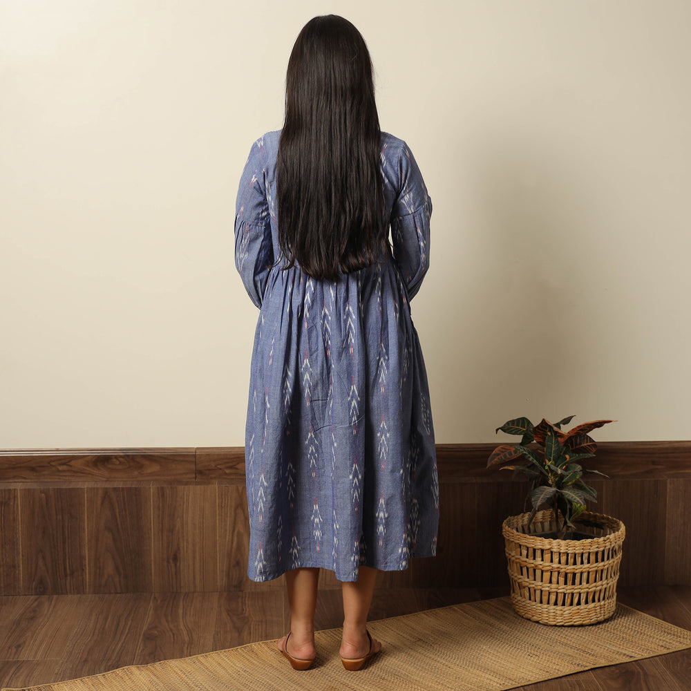 Blue - Pochampally Ikat Weave Cotton Pintuck Flared Dress 04