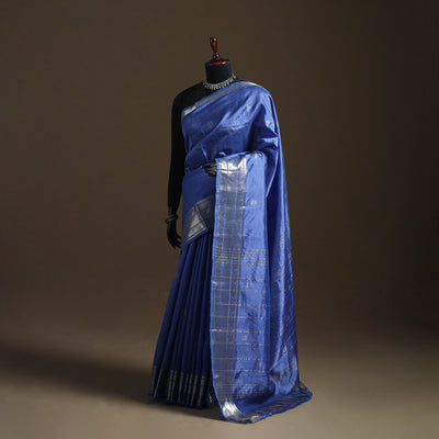 Blue - Pure Handwoven Mangalagiri Silk Cotton Pattu Saree with Zari Border 05