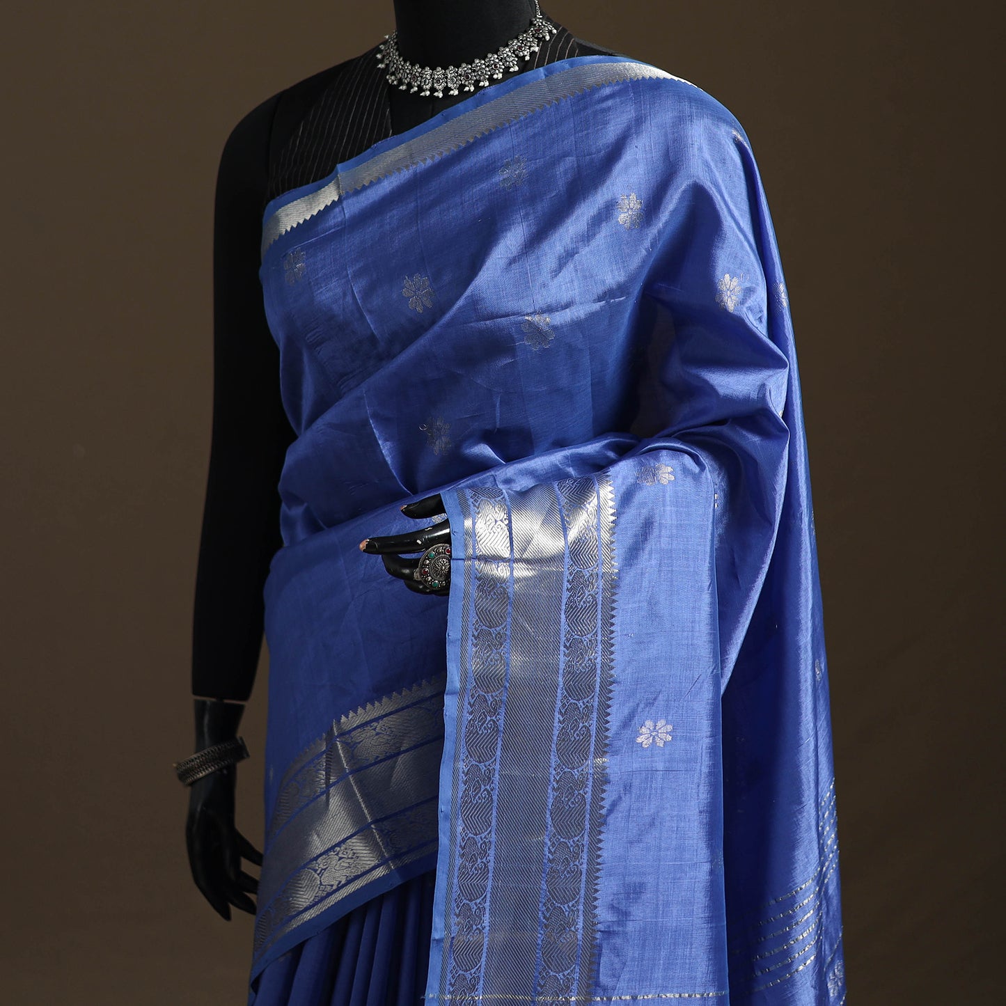 Blue - Pure Handwoven Mangalagiri Silk Cotton Pattu Saree with Zari Border 05