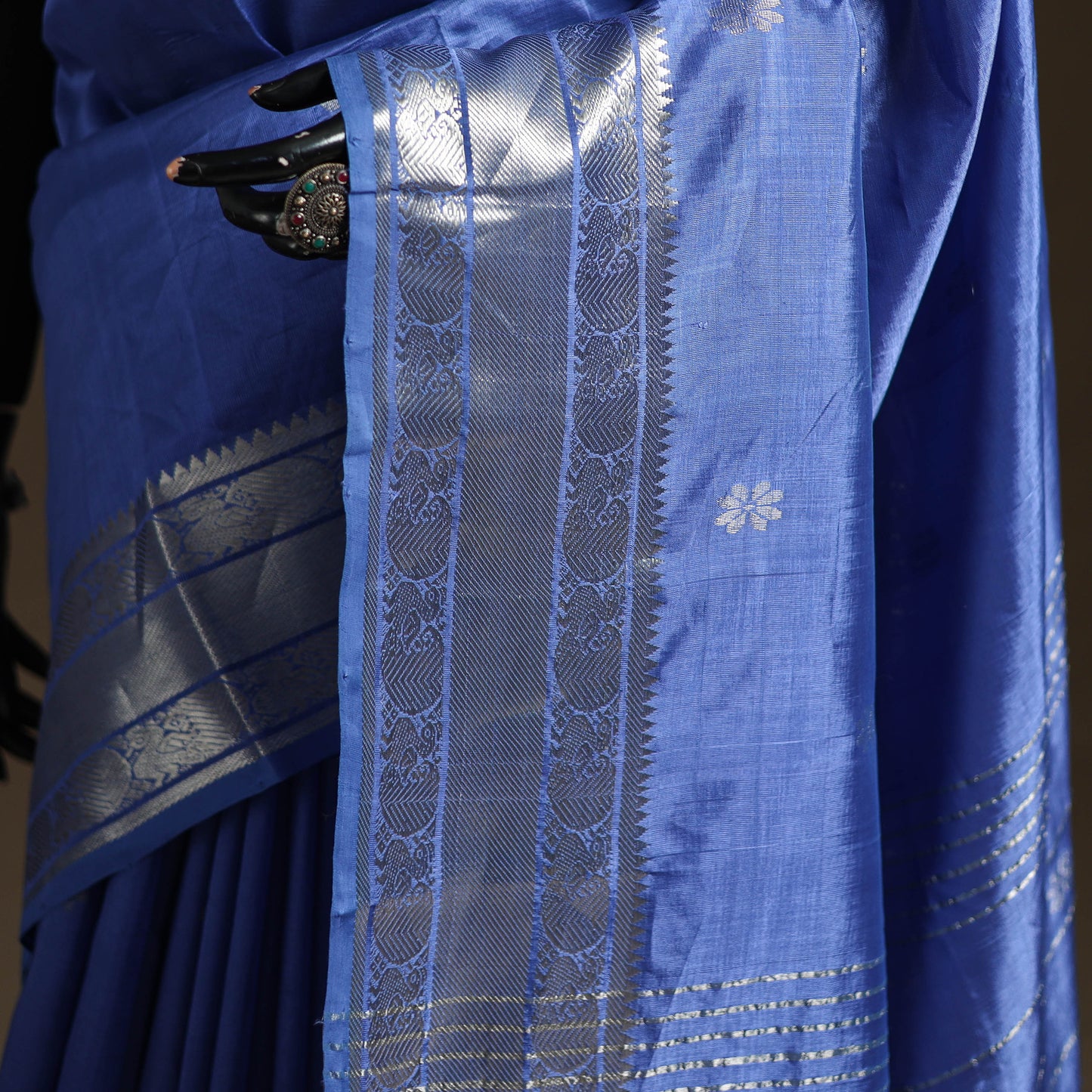 Blue - Pure Handwoven Mangalagiri Silk Cotton Pattu Saree with Zari Border 05
