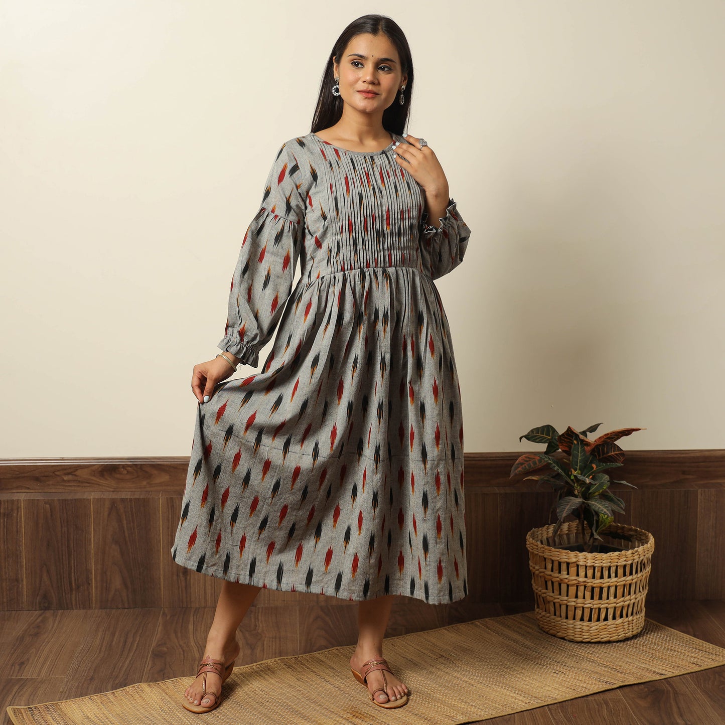 Grey - Pochampally Ikat Weave Cotton Pintuck Flared Dress 05