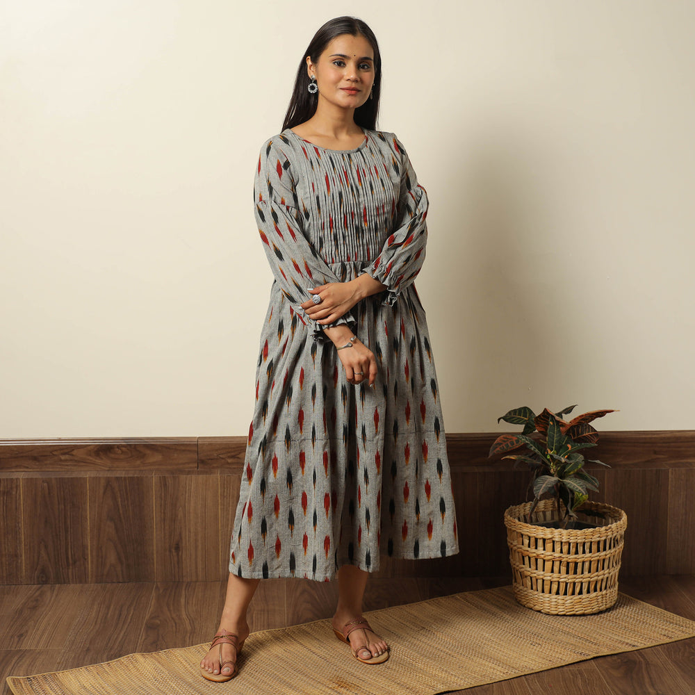 Grey - Pochampally Ikat Weave Cotton Pintuck Flared Dress 05