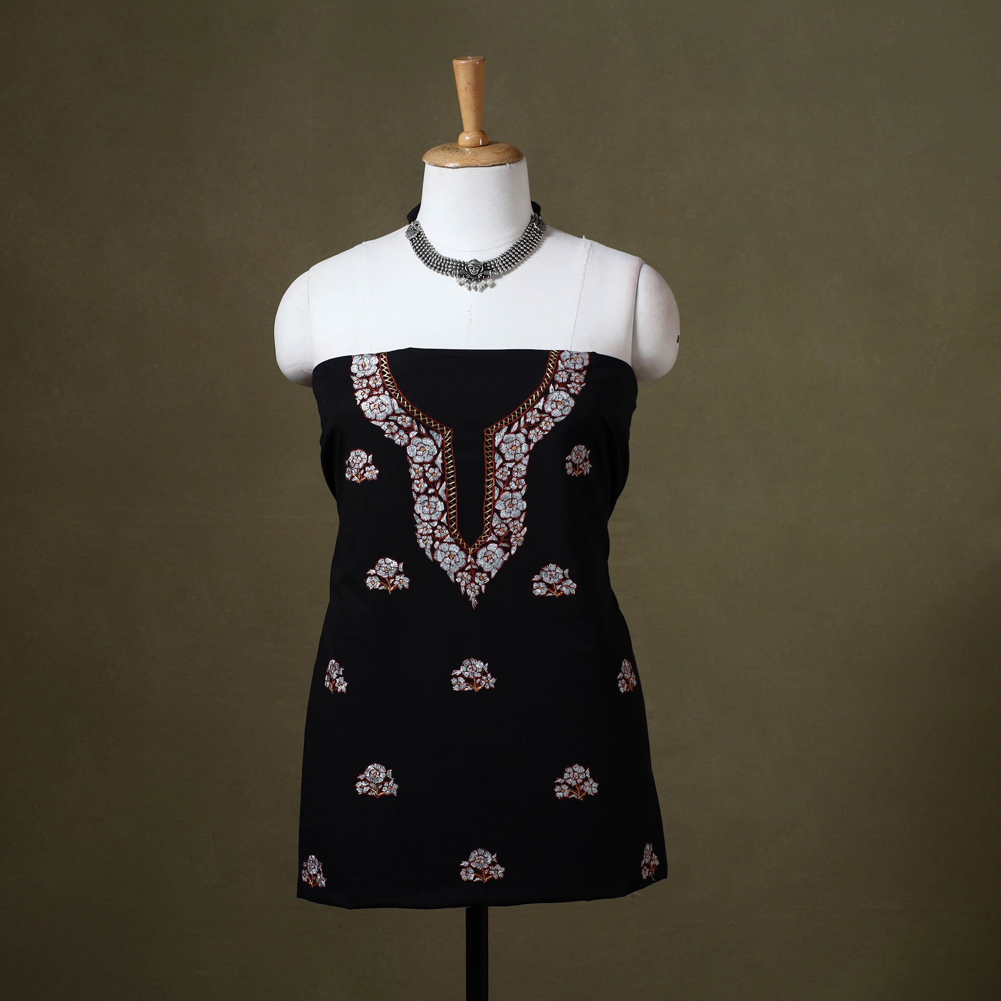 Grey - Hand Embroidery Cotton Unstitched Kurta Material (3M) 15