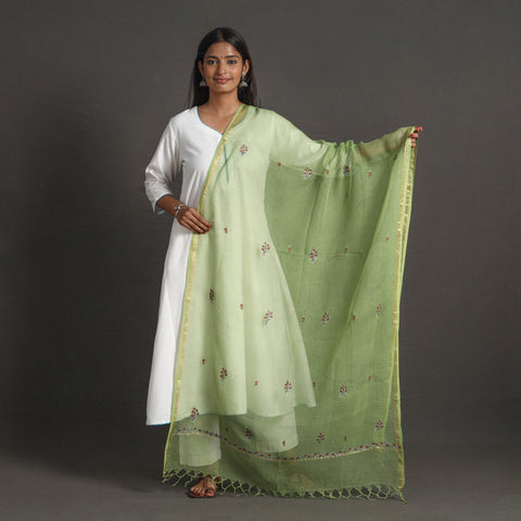 Green - Kota Doria Silk Cotton Kashida Embroidery Dupatta 60