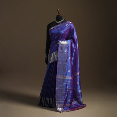Blue - Pure Handwoven Mangalagiri Silk Cotton Pattu Saree with Zari Border 06