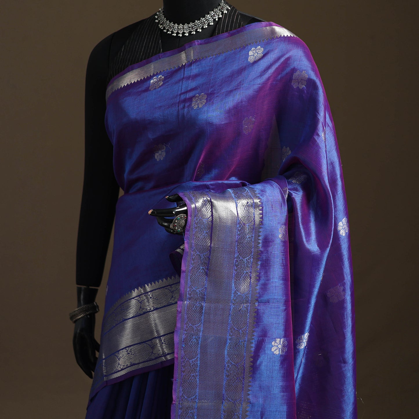 Blue - Pure Handwoven Mangalagiri Silk Cotton Pattu Saree with Zari Border 06