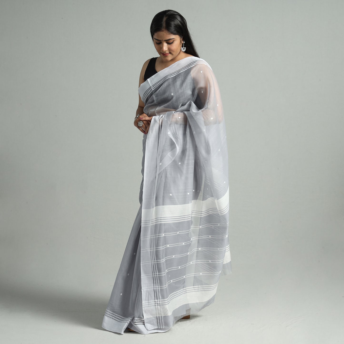 Grey - Traditional Chanderi Silk Cotton Handloom Buti Saree 10