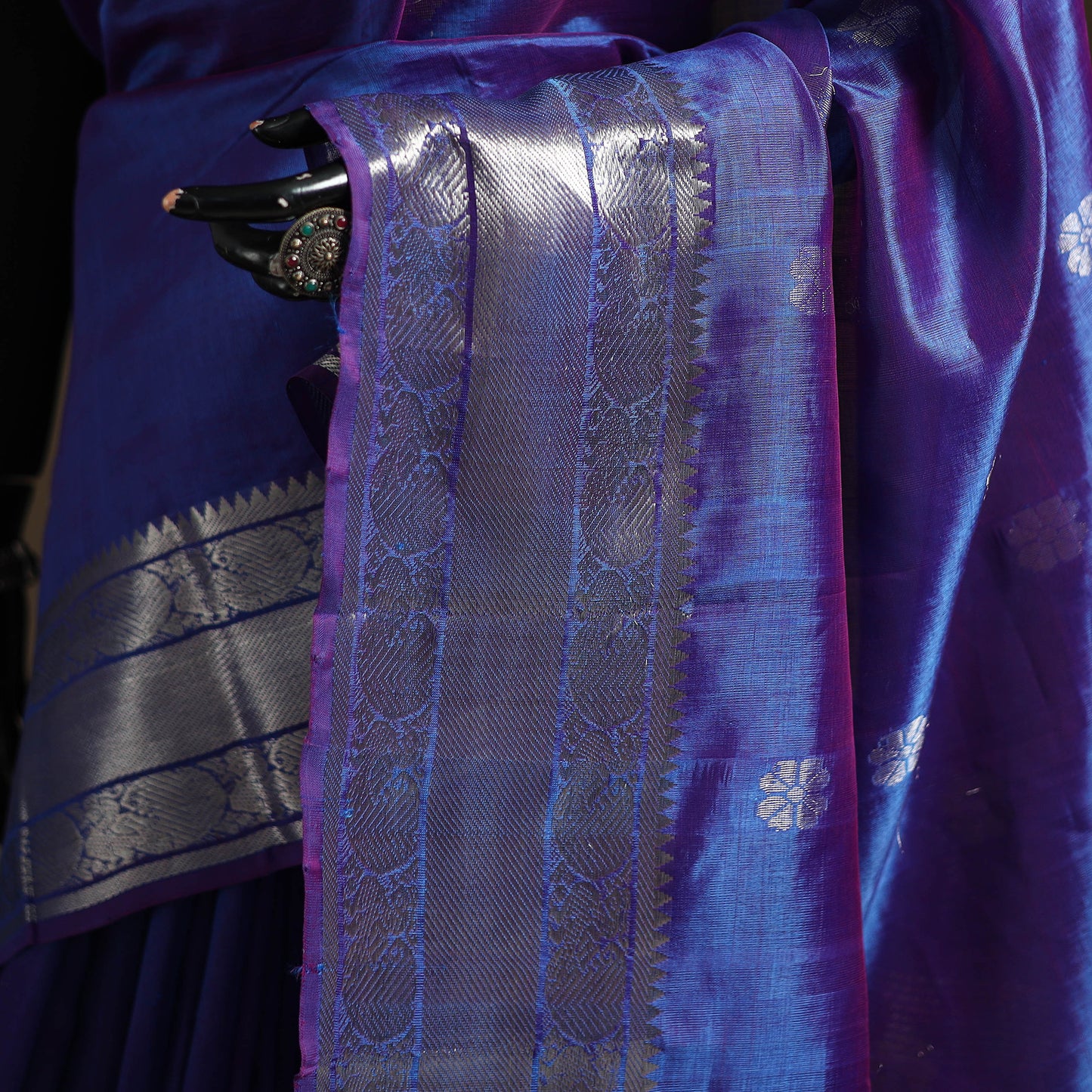 Blue - Pure Handwoven Mangalagiri Silk Cotton Pattu Saree with Zari Border 06