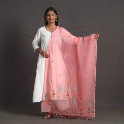 Pink - Kota Doria Silk Cotton Kashida Embroidery Dupatta 61