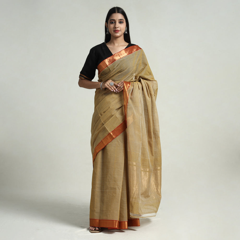 Brown - Mangalagiri Stripe Cotton Handloom Saree with Ikat Blouse