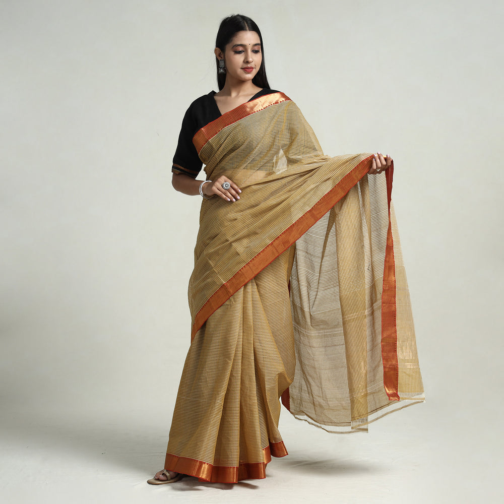 Brown - Mangalagiri Stripe Cotton Handloom Saree with Ikat Blouse