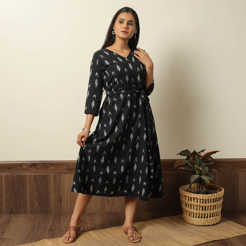 Black - Pochampally Ikat Weave Cotton Dress with Belt 22