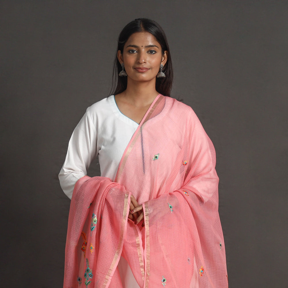 Pink - Kota Doria Silk Cotton Kashida Embroidery Dupatta 61