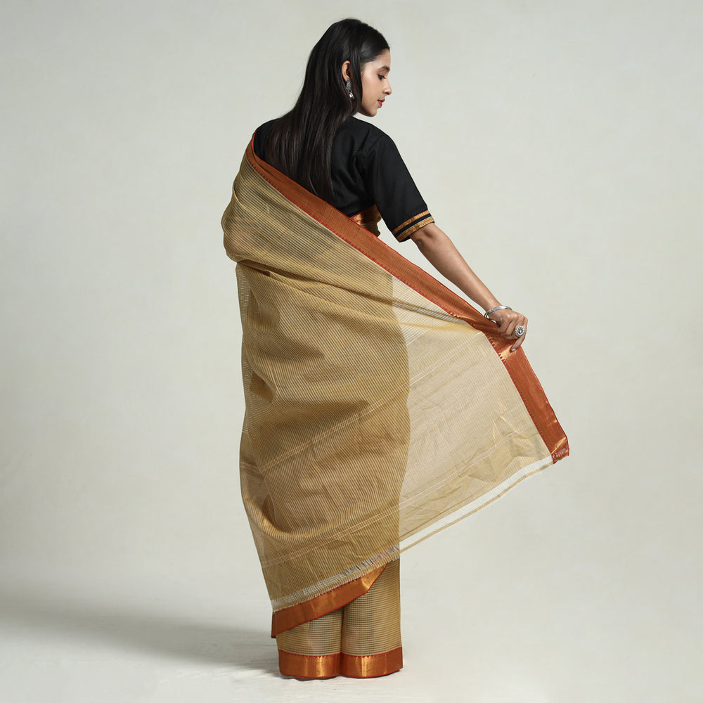 Brown - Mangalagiri Stripe Cotton Handloom Saree with Ikat Blouse