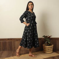 Black - Pochampally Ikat Weave Cotton Dress with Belt 22