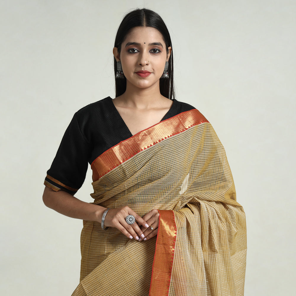 Brown - Mangalagiri Stripe Cotton Handloom Saree with Ikat Blouse