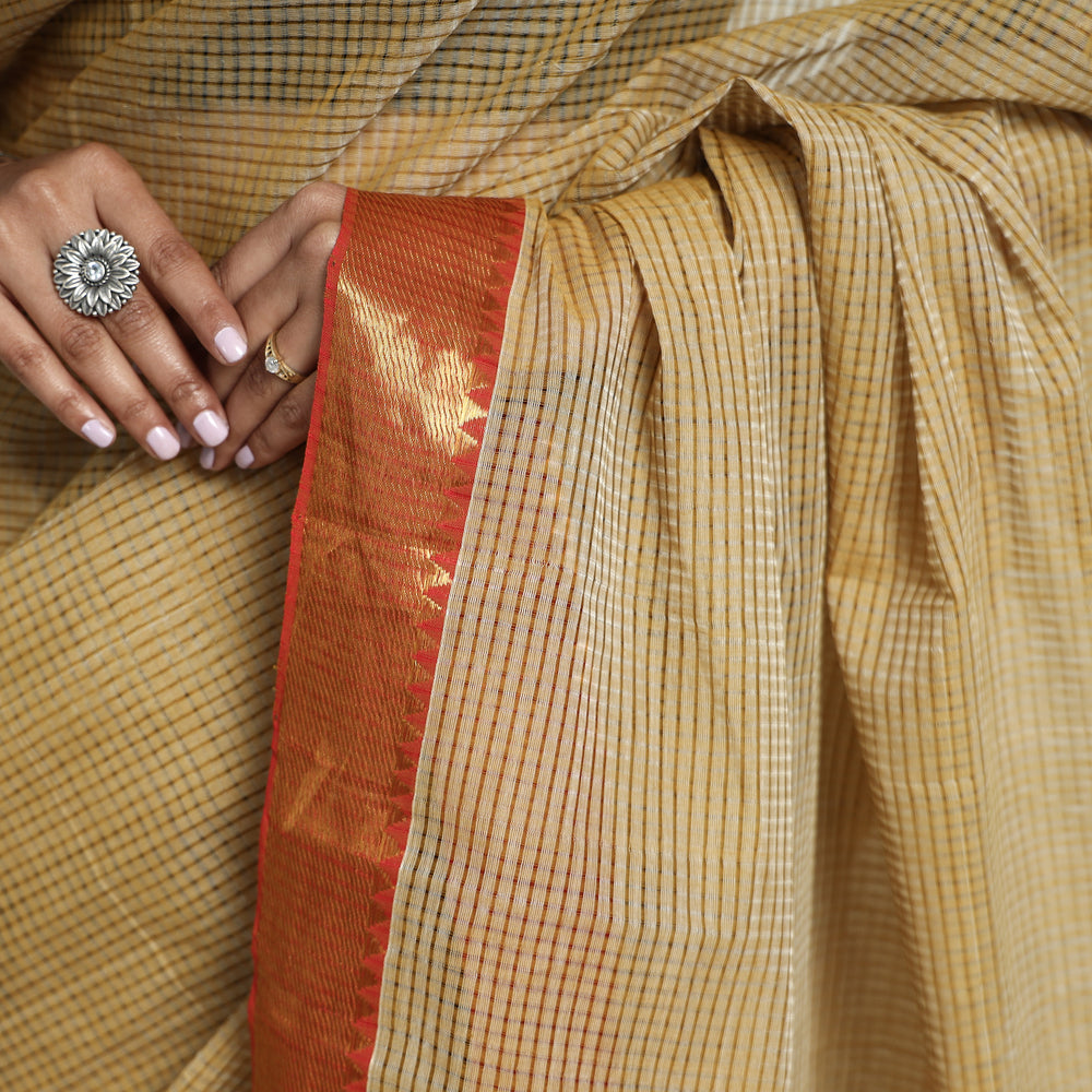 Brown - Mangalagiri Stripe Cotton Handloom Saree with Ikat Blouse