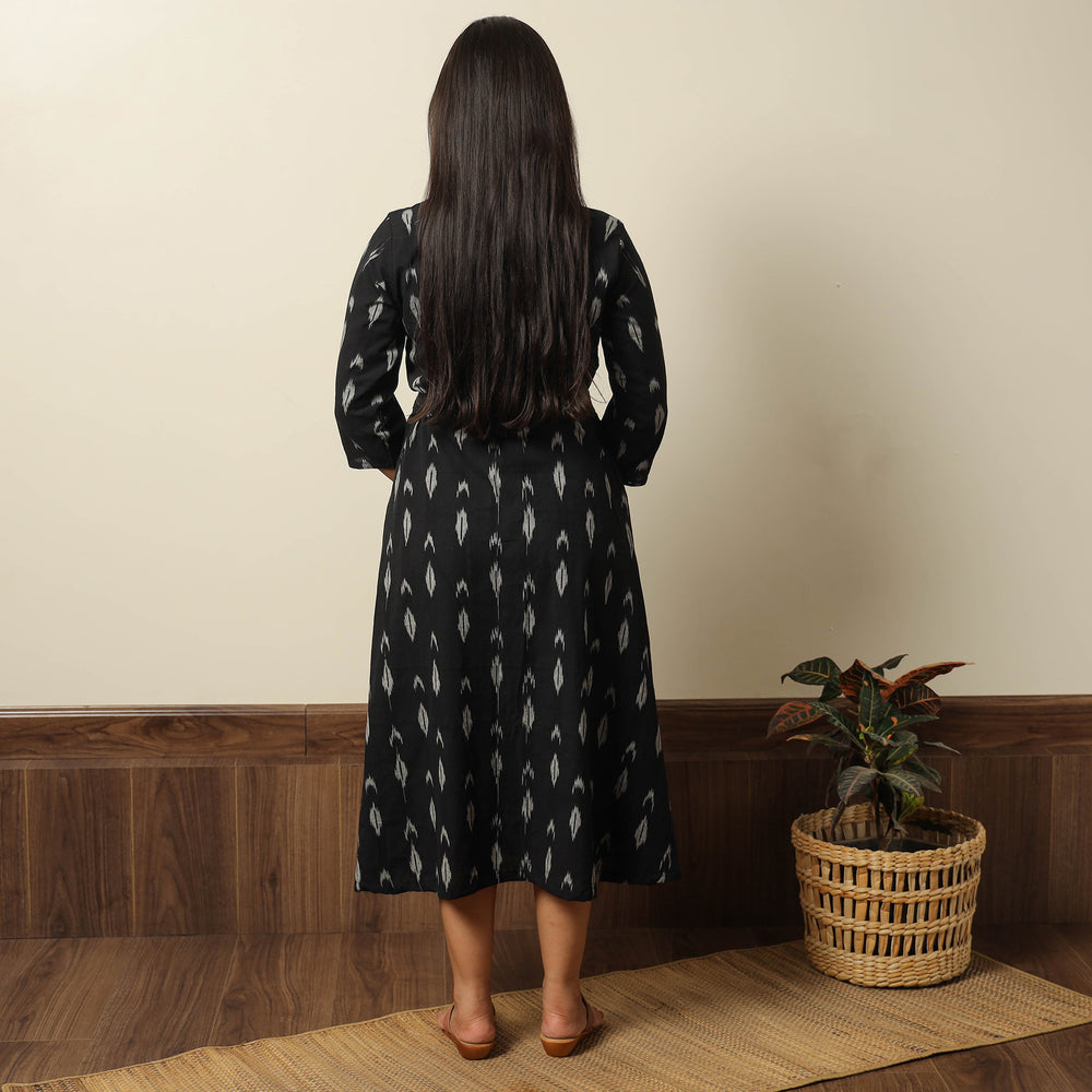 Black - Pochampally Ikat Weave Cotton Dress with Belt 22