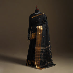 Black - Pure Handwoven Mangalagiri Silk Cotton Pattu Saree with Zari Border 07