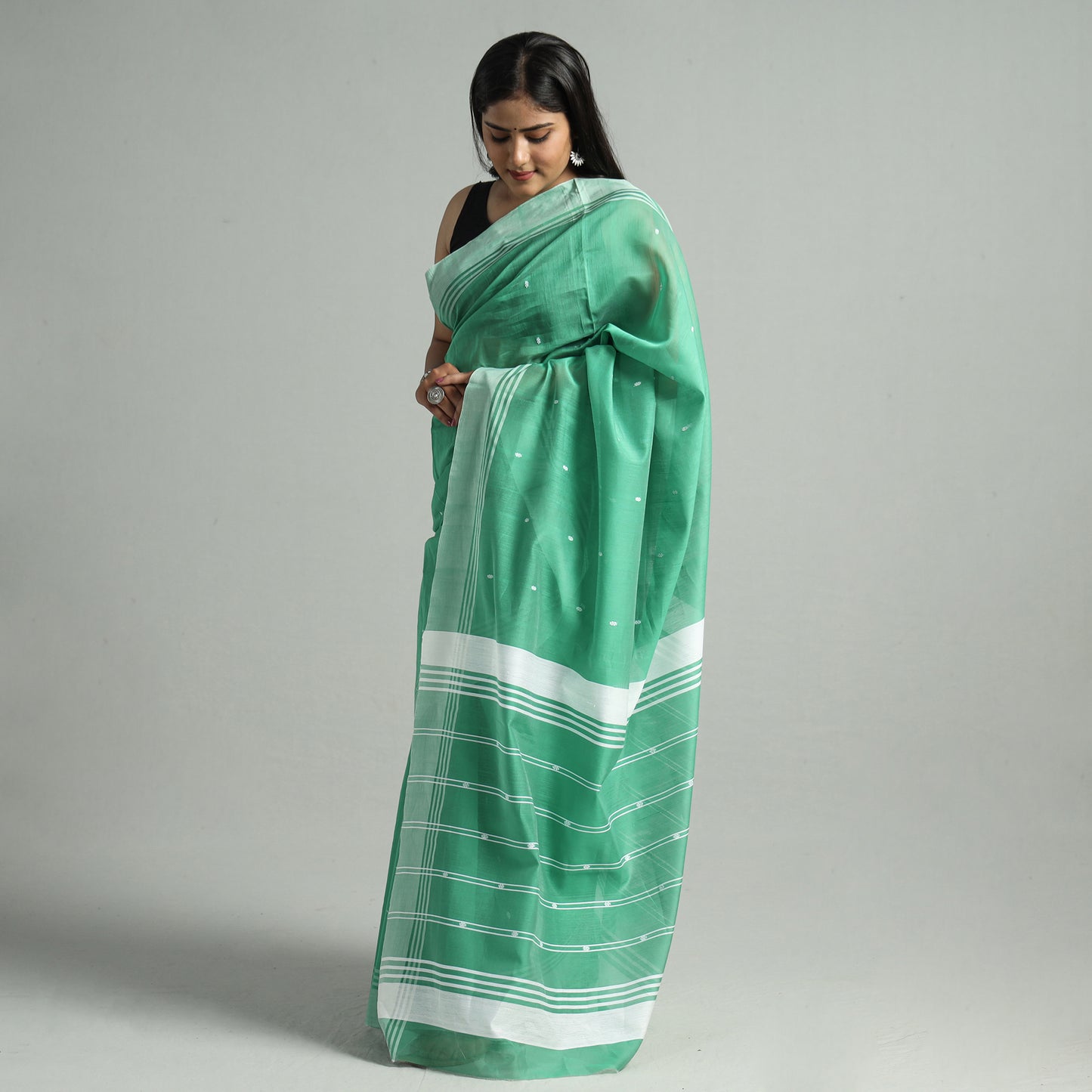 Green - Traditional Chanderi Silk Cotton Handloom Buti Saree 11