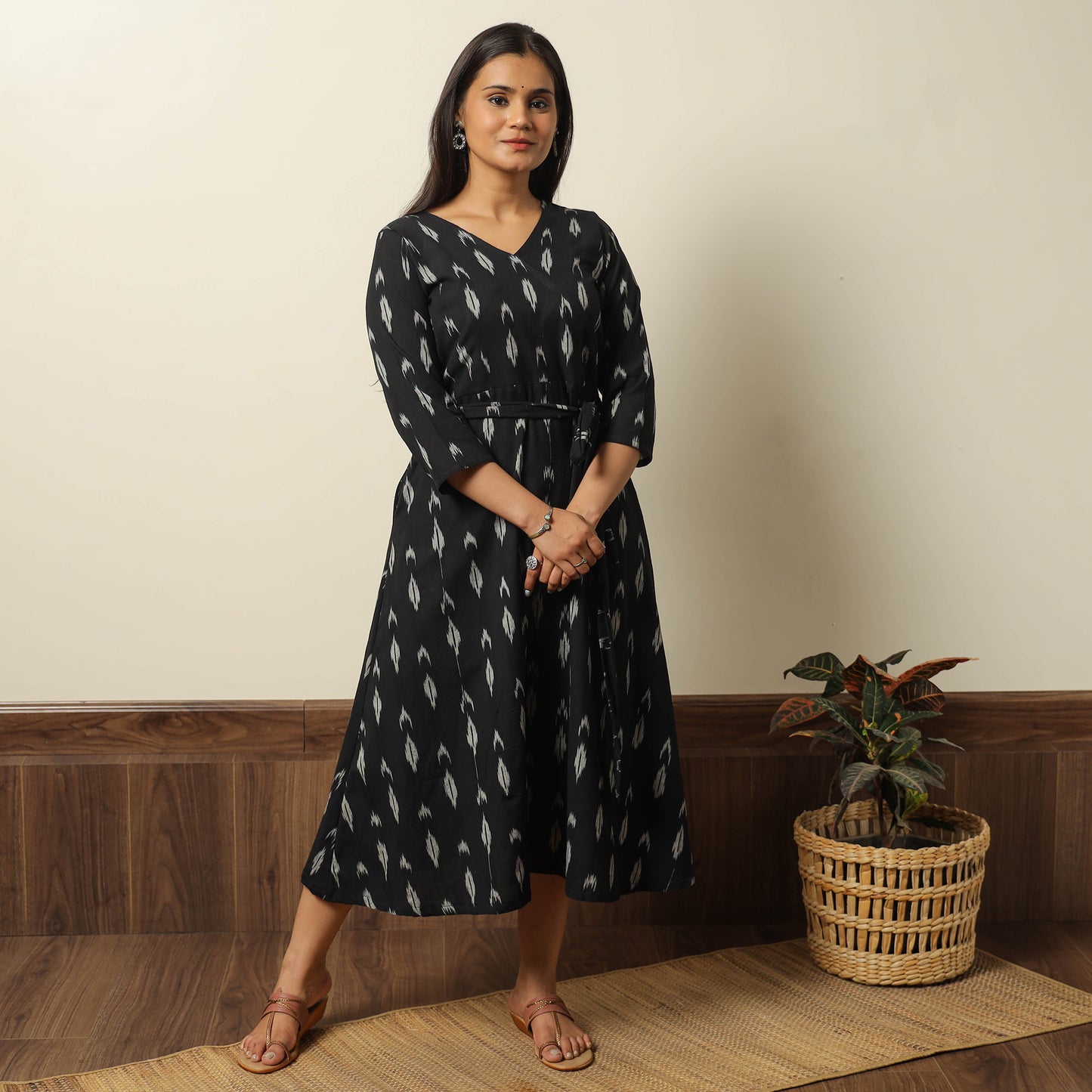 Black - Pochampally Ikat Weave Cotton Dress with Belt 22