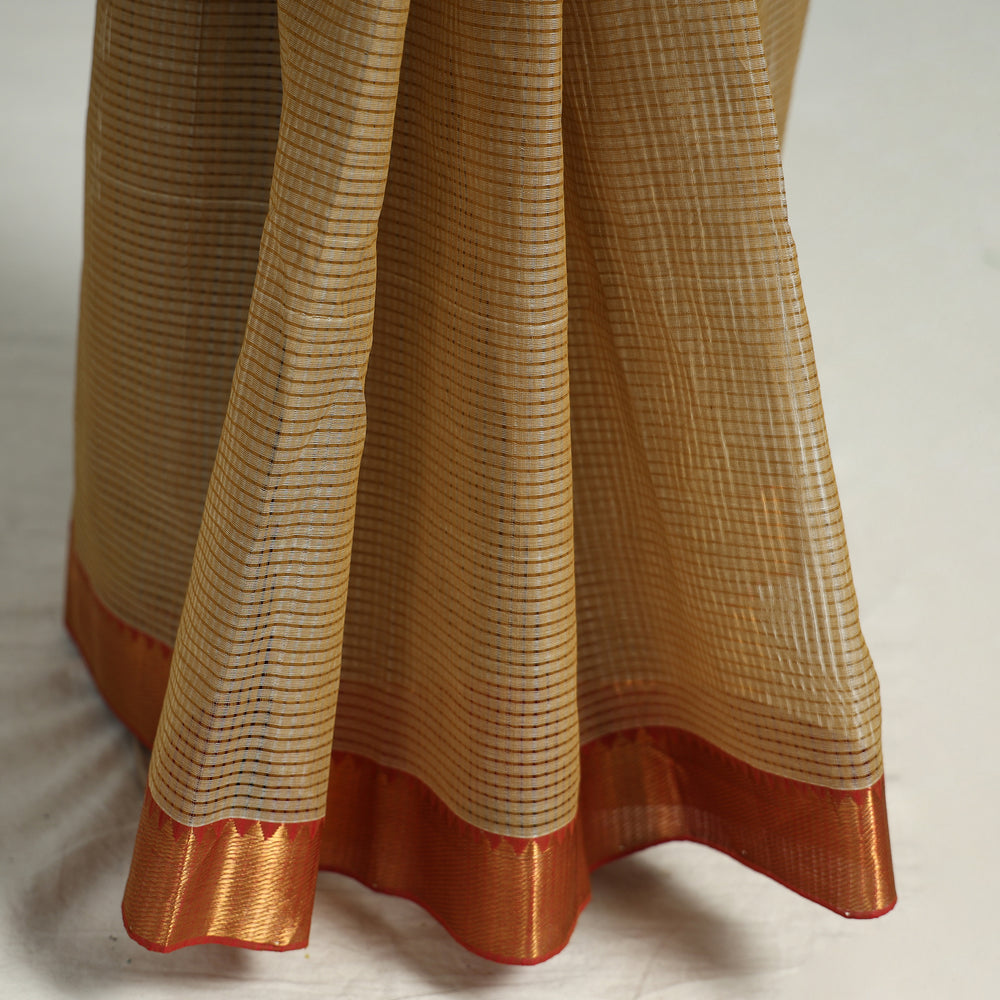 Brown - Mangalagiri Stripe Cotton Handloom Saree with Ikat Blouse