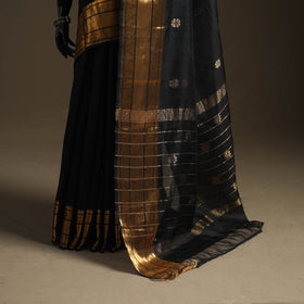 Black - Pure Handwoven Mangalagiri Silk Cotton Pattu Saree with Zari Border 07