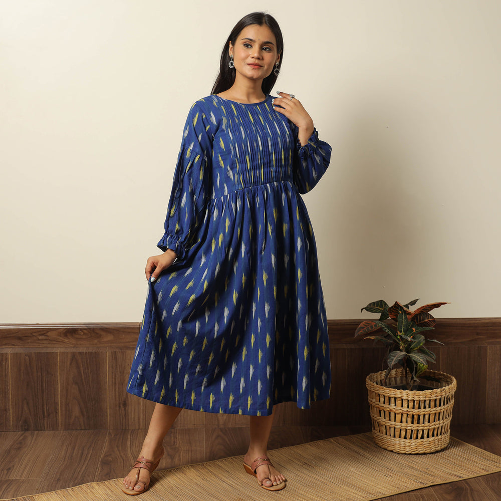 Blue - Pochampally Ikat Weave Cotton Flared Dress 06