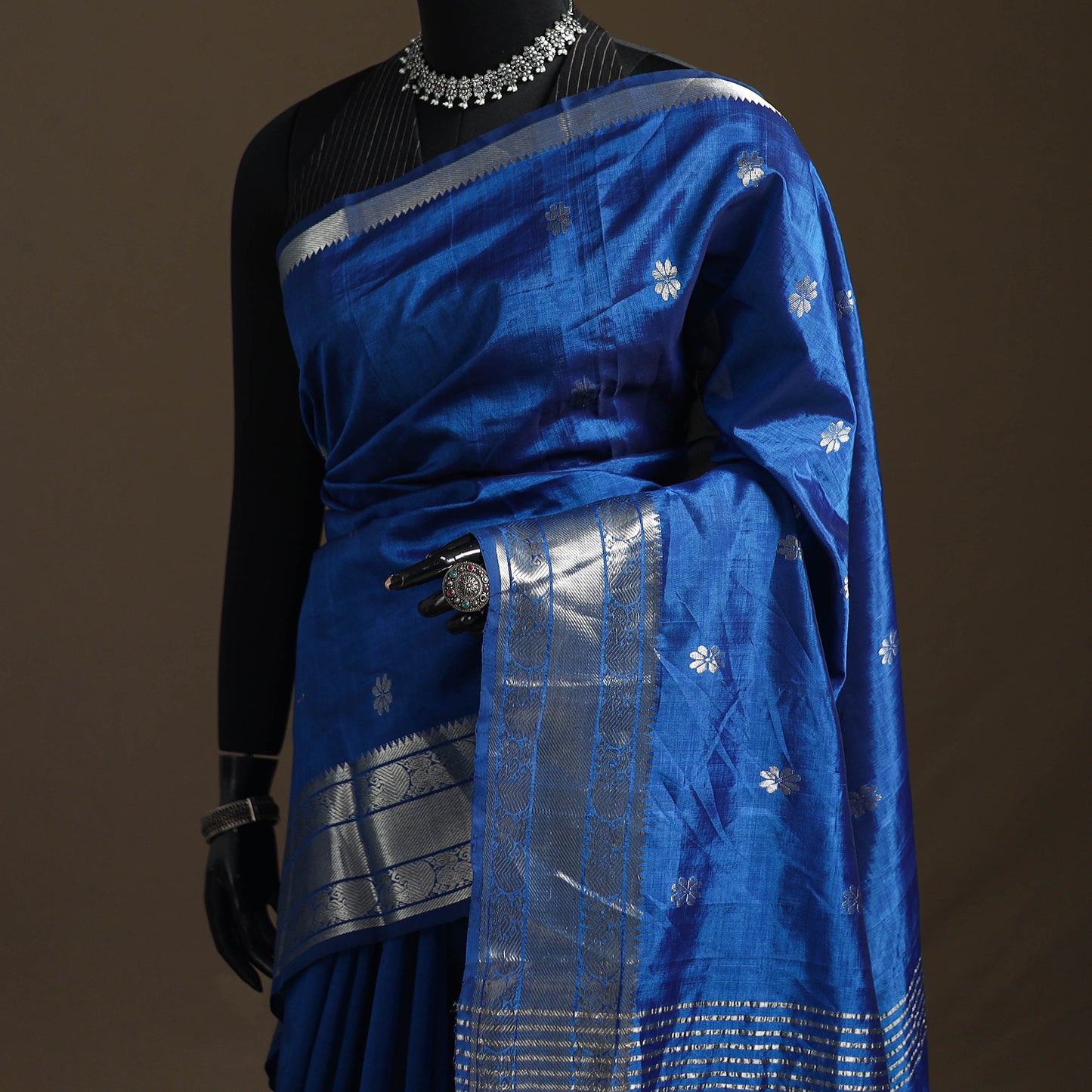 Blue - Pure Handwoven Mangalagiri Silk Cotton Pattu Saree with Zari Border 08