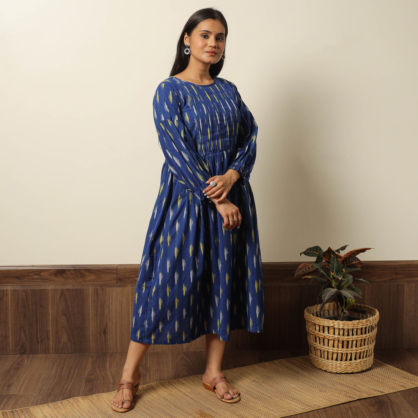 Blue - Pochampally Ikat Weave Cotton Flared Dress 06