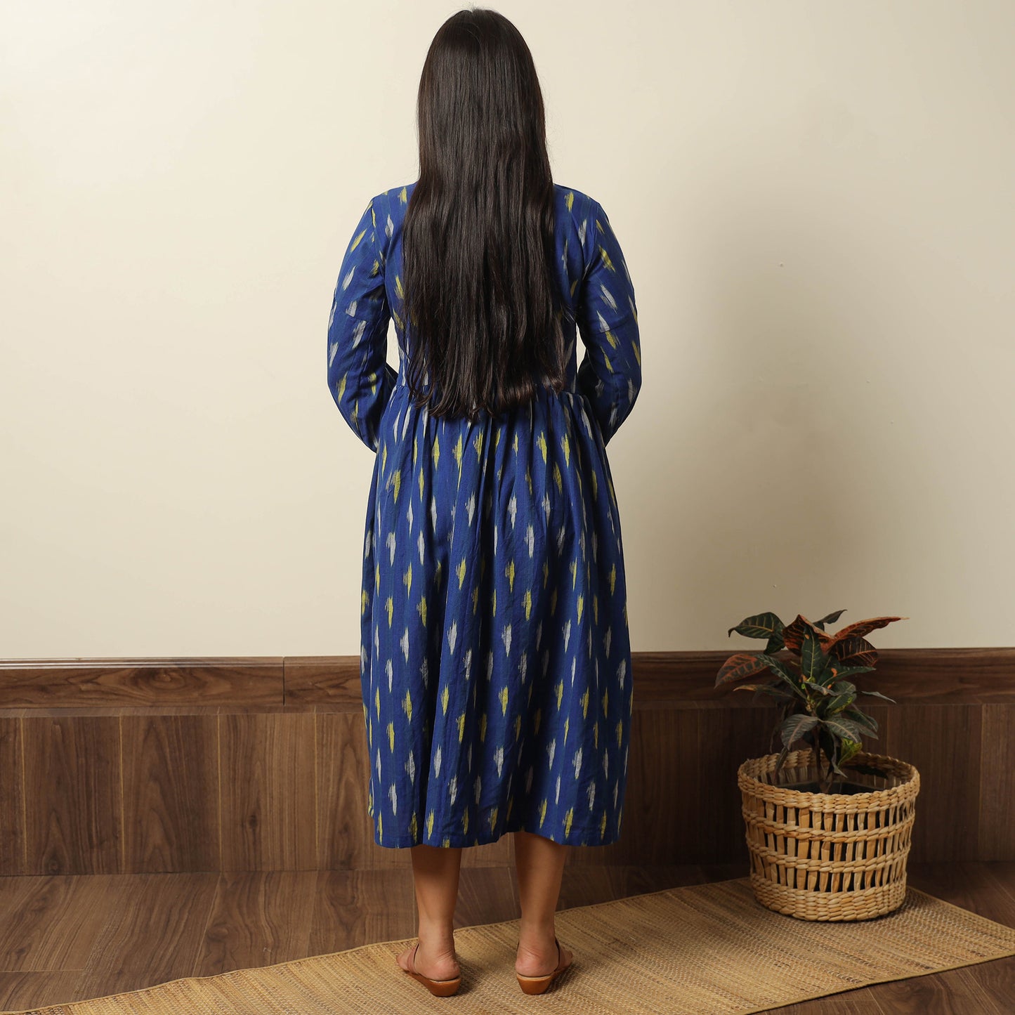 Blue - Pochampally Ikat Weave Cotton Flared Dress 06