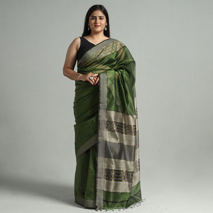 Green - Traditional Maheshwari Silk Handloom Saree with Thread & Zari Border 13