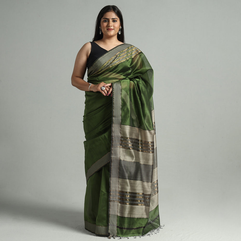 Green - Traditional Maheshwari Silk Handloom Saree with Thread & Zari Border 13