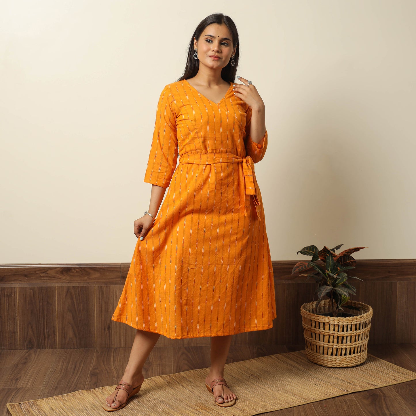 Orange - Pochampally Ikat Weave Cotton Dress with Belt 18