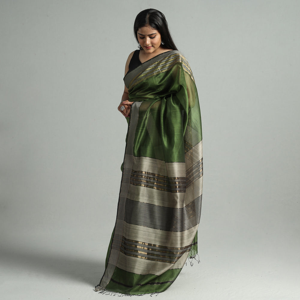 Green - Traditional Maheshwari Silk Handloom Saree with Thread & Zari Border 13